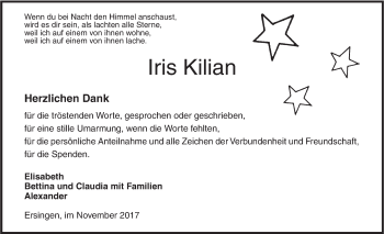 Traueranzeige von Iris Kilian von SÜDWEST PRESSE Ausgabe Ulm/Neu-Ulm