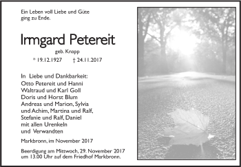 Traueranzeige von Irmgard Petereit von SÜDWEST PRESSE Ausgabe Ulm/Neu-Ulm