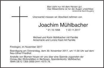 Traueranzeige von Joachim Mühlbacher von SÜDWEST PRESSE Ausgabe Ulm/Neu-Ulm