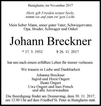 Traueranzeige von Johann Breckner von SÜDWEST PRESSE