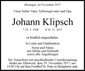 Traueranzeige von Johann Klipsch von SÜDWEST PRESSE