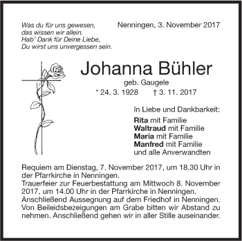 Traueranzeige von Johanna Bühler von NWZ Neue Württembergische Zeitung