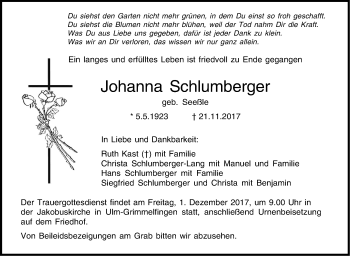 Traueranzeige von Johanna Schlumberger von SÜDWEST PRESSE Ausgabe Ulm/Neu-Ulm