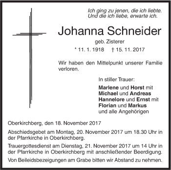 Traueranzeige von Johanna Schneider von SÜDWEST PRESSE Ausgabe Ulm/Neu-Ulm