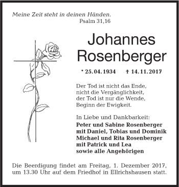 Traueranzeige von Johannes Rosenberger von Hohenloher Tagblatt