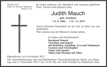 Traueranzeige von Judith Mauch von Hohenloher Tagblatt