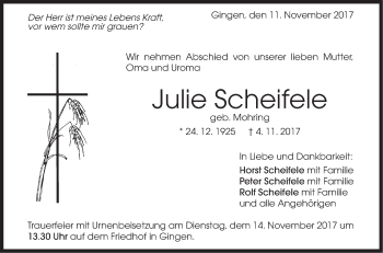 Traueranzeige von Julie Scheifele von NWZ Neue Württembergische Zeitung/Geislinger Zeitung