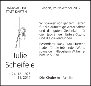 Traueranzeige von Julie Scheifele von NWZ Neue Württembergische Zeitung/Geislinger Zeitung