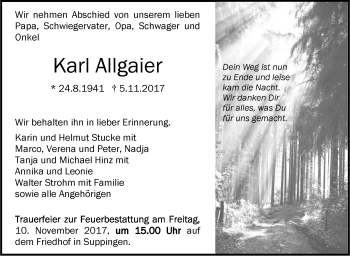 Traueranzeige von Karl Allgaier von SÜDWEST PRESSE Ausgabe Ulm/Neu-Ulm