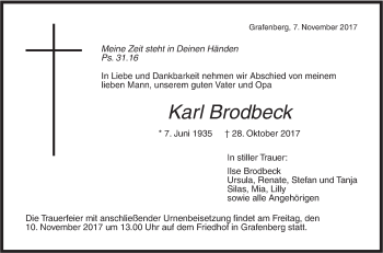 Traueranzeige von Karl Brodbeck von Metzinger-Uracher Volksblatt