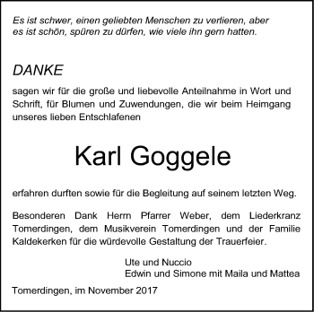 Traueranzeige von Karl Goggele von SÜDWEST PRESSE Ausgabe Ulm/Neu-Ulm