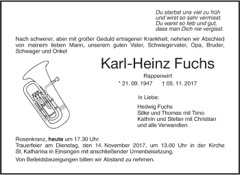 Traueranzeige von Karl-Heinz Fuchs von SÜDWEST PRESSE Ausgabe Ulm/Neu-Ulm