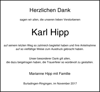 Traueranzeige von Karl Hipp von Hohenzollerische Zeitung