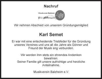 Traueranzeige von Karl Semet von Illertal Bote