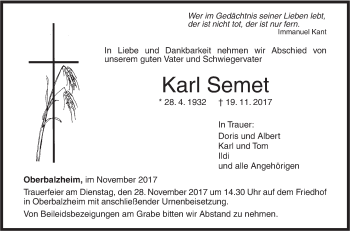 Traueranzeige von Karl Semet von Illertal Bote