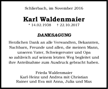 Traueranzeige von Karl Waldenmaier von NWZ Neue Württembergische Zeitung