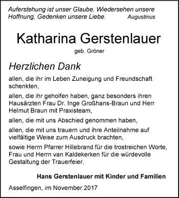 Traueranzeige von Katharina Gerstenlauer von SÜDWEST PRESSE Ausgabe Ulm/Neu-Ulm