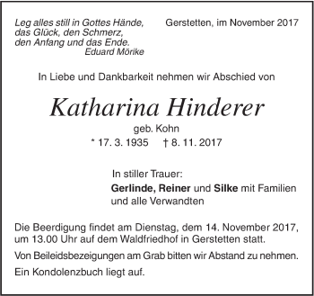 Traueranzeige von Katharina Hinderer von SÜDWEST PRESSE Ausgabe Ulm/Neu-Ulm