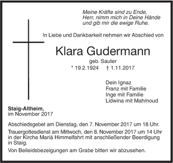 Traueranzeige von Klara Gudermann von SÜDWEST PRESSE Ausgabe Ulm/Neu-Ulm