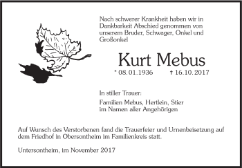 Traueranzeige von Kurt Mebus von Hohenloher Tagblatt