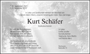 Traueranzeige von Kurt Schäfer von Metzinger-Uracher Volksblatt