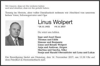 Traueranzeige von Linus Wolpert von Hohenloher Tagblatt