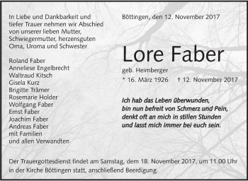 Traueranzeige von Lore Faber von Alb-Bote/Metzinger-Uracher Volksblatt