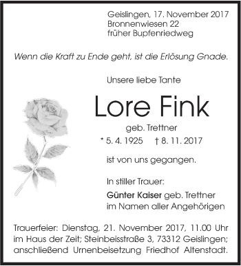 Traueranzeige von Lore Fink von Geislinger Zeitung