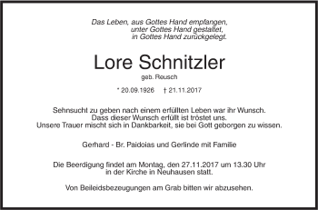 Traueranzeige von Lore Schnitzler von Metzinger-Uracher Volksblatt