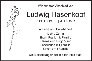 Traueranzeige von Ludwig Hasenkopf von SÜDWEST PRESSE Ausgabe Ulm/Neu-Ulm