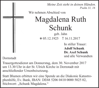 Traueranzeige von Magdalena Ruth Schunk von SÜDWEST PRESSE Ausgabe Ulm/Neu-Ulm