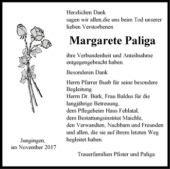 Traueranzeige von Margarete Paliga von Hohenzollerische Zeitung