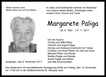 Traueranzeige von Margarete Paliga von Hohenzollerische Zeitung