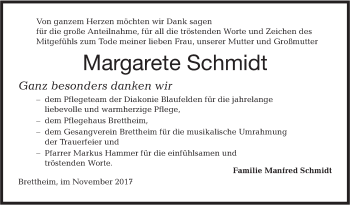 Traueranzeige von Margarete Schmidt von Hohenloher Tagblatt