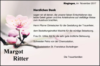 Traueranzeige von Margot Ritter von Hohenzollerische Zeitung