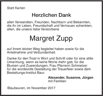 Traueranzeige von Margret Zupp von SÜDWEST PRESSE Ausgabe Ulm/Neu-Ulm