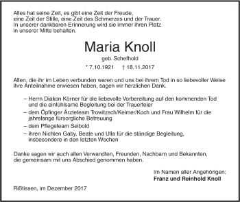 Traueranzeige von Maria Knoll von Ehinger Tagblatt