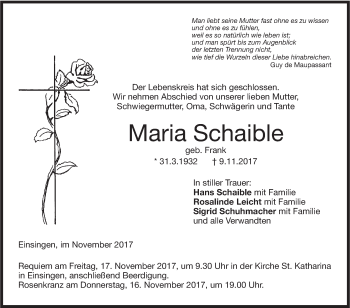 Traueranzeige von Maria Schaible von SÜDWEST PRESSE Ausgabe Ulm/Neu-Ulm