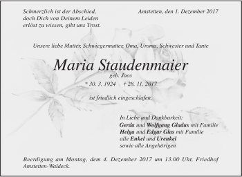 Traueranzeige von Maria Staudenmaier von Geislinger Zeitung