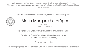 Traueranzeige von Maria Margarethe Pröger von Hohenloher Tagblatt