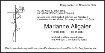 Traueranzeige von Marianne Allgaier von Illertal Bote