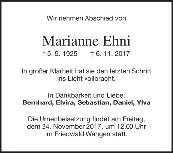 Traueranzeige von Marianne Ehni von NWZ Neue Württembergische Zeitung