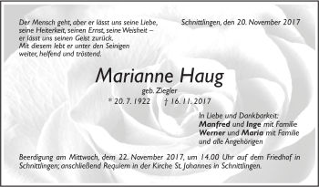 Traueranzeige von Marianne Haug von NWZ Neue Württembergische Zeitung/Geislinger Zeitung