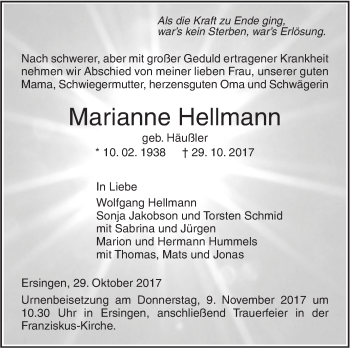 Traueranzeige von Marianne Hellmann von SÜDWEST PRESSE Ausgabe Ulm/Neu-Ulm