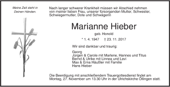 Traueranzeige von Marianne Hieber von SÜDWEST PRESSE Ausgabe Ulm/Neu-Ulm