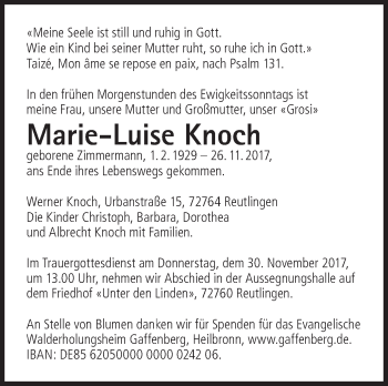 Traueranzeige von Marie-Luise Knoch von Metzinger-Uracher Volksblatt