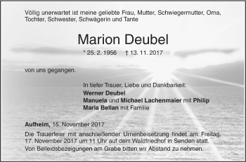 Traueranzeige von Marion Deubel von SÜDWEST PRESSE Ausgabe Ulm/Neu-Ulm