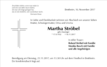 Traueranzeige von Martha Ströbel von Hohenloher Tagblatt