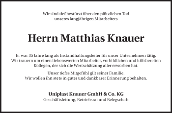 Traueranzeige von Matthias Knauer von SÜDWEST PRESSE