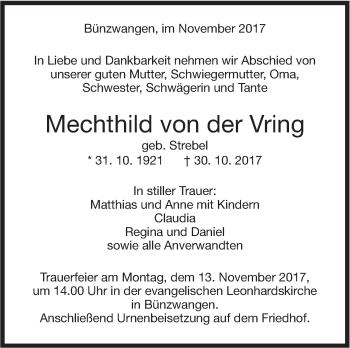 Traueranzeige von Mechthild von der Vring von NWZ Neue Württembergische Zeitung